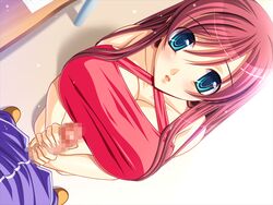 1boy aikawa_arisa aqua_eyes censored cleavage female hadashi_shoujo handjob huge_breasts joi-san_no_iitsuke!! looking_at_viewer minagi_aya penis pink_hair