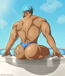 1boy archie_(pokemon) ass ass_focus back back_muscles back_view bara barazoku barodityarts beard big_ass big_butt brown_hair bubble_ass bubble_butt butt_focus dark-skinned_male dark_skin gay hi_res male male_only muscular pokemon pool rear_view sitting sitting_down sky solo solo_male sweat tattoo tattoo_on_butt team_aqua thong underwear underwear_only water wet wet_body wet_skin