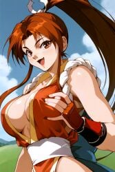 1990s_(style) 1girls ai_generated aindroidparanoid big_breasts blush blushing_at_viewer breasts brown_eyes brown_hair erect_nipples erect_nipples_under_clothes fatal_fury female female_focus female_only field_background hair_ribbon high_resolution highres huge_breasts king_of_fighters kunoichi light-skinned_female long_hair looking_at_viewer mai_shiranui no_bra perky_breasts ponytail revealing_clothes shiny_skin smiling snk soft_breasts solo solo_female solo_focus