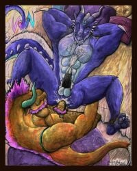 2018 abs anal anal_sex anthro anthro_on_anthro anthro_only anthro_penetrated anthro_penetrating anthro_penetrating_anthro azure_(azureparagon) azureparagon behemoth bird's-eye_view brown_body character_name claws cum cum_in_ass cum_inside cum_on_body cum_on_chin cum_on_pectorals cumshot demon dragon erection fangs gay gay_anal gay_male gay_sex hands_behind_head horns licking_lips lying lying_on_back male male/male male_dragon male_only male_penetrated male_penetrating male_penetrating_male mane missionary_position muscular muscular_anthro muscular_male nipple_piercing pecs penis penis_in_ass pink_hair pink_mane purple_body purple_scales reptile scalie spread_legs spreading tail toe_claws tongue traditional_media traditional_media_(artwork) watercolor_(artwork) yaoi