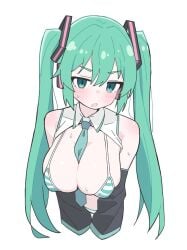 big_breasts blue_eyes blue_hair blush detached_sleeves hatsune_miku hatsune_miku_(collared_bikini) meme_attire necktie necktie_between_breasts sleeves striped_bikini stripes tie twintails vocaloid