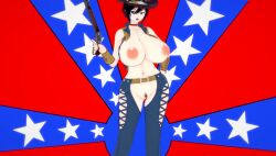 1girls akinama_family_(noir-black-shooter) big_breasts cowboy_hat cowgirl huge_breasts koikatsu milf naoki_akinama_(noir-black-shooter) no_bra no_panties noir-black-shooter oc original original_character purple_eyes short_hair shotgun