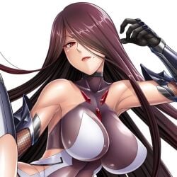 armpits bare_shoulders battle_suit battlesuit bodysuit brown_hair color female female_focus female_only fishnet_gloves fuuma_saika game_cg gauntlets hair_covering_eye hair_covering_one_eye hair_over_one_eye huge_breasts long_hair mole mole_under_mouth one_eye_covered open_mouth red_eyes saika_fuuma sleeveless sleeveless_bodysuit taimanin_(series) taimanin_rpgx tight_bodysuit tight_clothing upper_body zol