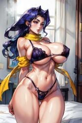1girls ai_generated ass_visible_through_thighs bed bedroom big_breasts bra breasts cleavage female female_only huge_breasts indoors inside lace-trimmed_bra lace-trimmed_panties large_breasts long_hair midriff navel nipple_bulge panties parted_lips purple_eyes purple_hair rose_(street_fighter) scarf sideboob solo solo_female stable_diffusion standing street_fighter street_fighter_alpha street_fighter_iv tampopo thick_thighs underboob undersized_clothes wide_hips yellow_scarf