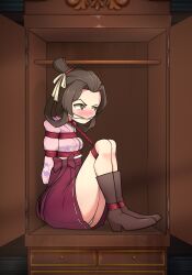 angry angry_expression angry_face arms_behind_back bondage capcom closet fully_clothed gagged gyakuten_saiban legs legs_tied legs_tied_to_neck susato_mikotoba upset