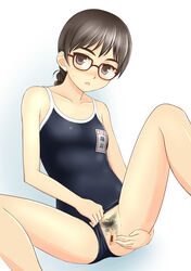 black_hair blue_eyes blush censored female glasses open_mouth pointless_censoring ponytail pubic_hair pussy school_swimsuit solo swimsuit_aside takafumi tied_hair