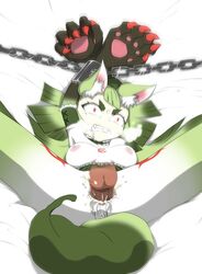 angry animal_ears ass breasts chains choker claws clenched_teeth corset cum drooling eyebrows female furry gen'ei_wo_kakeru_taiyou green_hair large_breasts long_hair monster_girl nipples pussy rape red_eyes restrained sex short_eyebrows tail tattoo thick_eyebrows tsukuyomi_luna vaginal_penetration