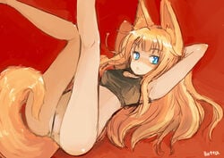 animal_ears anus batta_(kanzume_quality) blue_eyes bottomless censored female fox_ears fox_tail fur legs legs_up long_hair orange_hair original presenting pussy solo tail