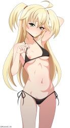 absurdres admiral_hipper_(azur_lane) arm_behind_head azur_lane bikini bikini_top_lift black_bikini blonde_hair blush breasts clothes_lift commentary embarrassed female frown green_eyes hair_between_eyes hand_up highres hip_focus lifting_own_clothes long_hair mole mole_under_eye navel nipple_slip nipples petite presenting roswell_ss side-tie_bikini_bottom small_breasts solo stomach swimsuit thighs two_side_up underboob very_long_hair