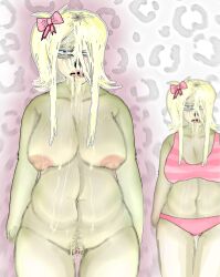 big_breasts bikini blonde_hair curvy_female green_skin melted_skin pink_nipples pink_panties plus_size rotting_flesh shy zombie