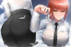 1girls airplane airplanes anime ass big_ass big_breasts big_butt breasts business_attire business_suit chainsaw_man female female_focus female_only giant_woman giantess giga_giantess giganticjoke light-skinned_female light_skin makima_(chainsaw_man) manga plane planes playing red_hair red_hair_female sky smile smiling tie wet_clothes yellow_eyes