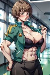 1girls abs ai_generated alternate_breast_size biceps big_breasts blush bra brown_eyes brown_hair cleavage female female_only green_jacket hallway hand_on_hip holding_bag holding_object huge_breasts indoors inside jacket midriff muscular muscular_female navel open_clothes open_jacket parted_lips persona persona_4 persona_4_arena pleated_skirt satonaka_chie short_hair short_skirt skirt solo solo_female stable_diffusion standing sweatdrop tampopo toned toned_female tugging tugging_clothing
