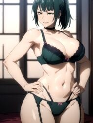 ai_generated belly_button big_ass big_breasts choker confident confident_female confident_smile dark_green_hair fit_female glasses_removed hands_on_hips hourglass_figure huge_breasts jujutsu_kaisen lingerie naughty_face pale-skinned_female pale_skin presenting_self proud seductive seductive_eyes seductive_look seductive_pose seductive_smile slim_waist smirk smug smug_face strong_woman thick_ass thick_thighs tomboy v-line wide_hips yellow_eyes zenin_maki