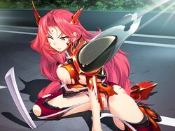 armor breasts broken clenched_teeth defeated female large_breasts long_hair maika mole niizuma_tokusou_patoreiza_~ryakudatsu_tengoku_hen~ nipples red_eyes red_hair sakura_romako warrior