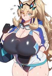 1girls barghest_(gawain)_(fate) blonde_hair breasts ebora embarrassed fate/grand_order fate_(series) female huge_breasts light-skinned_female light_skin long_hair massive_breasts one-piece_swimsuit swimsuit thick_thighs voluptuous wide_hips youngmanisdown