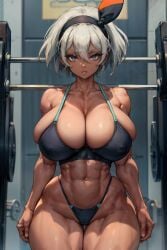 1girls abs ai_generated alternate_breast_size bea_(pokemon) big_breasts breasts bursting_breasts child_bearing_hips cleavage covered_nipples dark-skinned_female dark_skin dimples_of_venus facing_viewer female female_only gray_eyes gray_hair grey_eyes grey_hair gym headband huge_breasts huge_thighs human human_characters_in_pokémon human_only indoors inside large_breasts looking_at_viewer midriff muscular muscular_female navel nipple_bulge panties parted_lips pokemon pokemon_ss short_hair sideboob silver_eyes silver_hair solo solo_female sports_bra stable_diffusion standing tampopo thick_thighs toned toned_female white_hair wide_hips