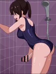 animated ass bar_censor big_ass big_breasts blue_one-piece_swimsuit blush breasts brown_eyes brown_hair censored cowboy_shot cum dickgirl ejaculation female from_side futanari futanari_masturbation hime_cut leaning_forward long_hair masturbation medium_breasts one-piece_swimsuit open_mouth orgasm original paid_reward_available penis pixel_art ponytail projectile_cum school_swimsuit shiwa_kou shower_(place) shower_head solo sound standing swimsuit tagme tile_wall tiles ugoira video