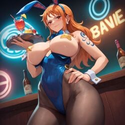 1girls ai_generated alcohol alex-schura alex_schura animal_ears areola_slip areolae bangs bare_shoulders blue_bow blue_leotard blush bottle bow bowtie breasts brown_eyes brown_pantyhose bunny_ears bunny_girl bunny_tail bunnysuit cleavage closed_mouth clothing completely_nude covered_navel cowboy_shot cup curvaceous curvaceous_female curvaceous_figure curvy curvy_figure detached_collar drink drinking_glass earrings fake_animal_ears female female female_focus female_only hand_on_hip heart_pasties highleg highleg_leotard holding holding_tray huge_breasts jewelry large_breasts legwear leotard leotard_pull long_hair looking_at_viewer looking_down nami nami_(one_piece) nipples one_piece orange_eyes orange_hair pantyhose pasties playboy_bunny shoulder_tattoo sidelocks smile solo standing tail tattoo thighs tray v-shaped_eyebrows voluptuous voluptuous_female wine_glass wrist_cuffs