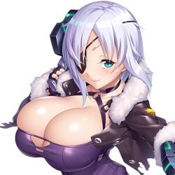 aina_winchester black_eyepatch blue_eyes choker cleavage color eyepatch female female_focus female_only fur_trim game_cg gloves gun huge_breasts jacket jacket_open looking_at_viewer overflowing_breasts potion_(moudamepo) purple_suit short_hair silver_hair smile smiling smiling_at_viewer taimanin_(series) taimanin_rpgx white_background