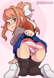 bent_over biting_lip blush doki_doki_literature_club from_behind lip_biting monika_(doki_doki_literature_club) panties presenting pussy_visible_through_clothes school_uniform shoes skirt_lift the_other_half thick_thighs thighhighs thighs tohdraws