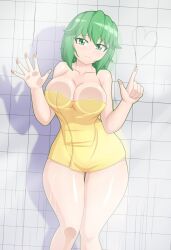 against_glass bathroom breast_press collarbone cowboy_shot female green_eyes green_hair hand_on_glass heart large_breasts looking_at_viewer medium_hair mrlucke naked_towel original smile standing steam thighs tile_wall