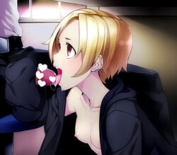 blonde_hair blush breasts censored clothed clothed_sex duo earrings eye_bags faceless_male fellatio female hair_over_one_eye handjob hoodie idolmaster idolmaster_cinderella_girls jewelry licking male nipples no_bra open_clothes open_mouth oral penis red_eyes shirasaka_koume short_hair sleeves_past_wrists small_breasts smile tkhs tongue tongue_out