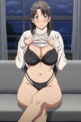 ai_generated black_bra black_hair black_panties bra breasts grey_eyes hiratsuka_shizuka huge_breasts large_breasts long_hair my_teen_romantic_comedy_snafu navel panties shirt_lift stomach tagme