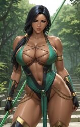 1girls ai_generated baton_(weapon) big_breasts black_hair chains clothed_female colored dark-skinned_female dark_skin detailed_background deviantart eepol female_only forest front_view green_eyes jade_(mortal_kombat) long_hair looking_at_viewer mortal_kombat mortal_kombat_(2011) ninja ponytail solo_female thick_lips thick_thighs trees uncensored voluptuous voluptuous_female