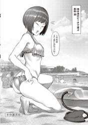 adjusting_clothes adjusting_swimsuit beach bikini bob_cut closed_eyes crouching daromeon feet female female_focus full_body halftone japanese_text kengan_(series) kengan_ashura kengan_omega kushida_rin monochrome official_art screentone short_hair small_breasts solo_focus sweatdrop swimsuit