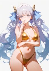 ai_generated bikini cowboy_shot female gold_bikini golden_bikini gray_hair hair_ribbon hair_rings jinhsi_(wuthering_waves) looking_at_viewer simple_background solo tagme underwear white_background white_hair wuthering_waves ztenebrae