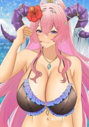 1girls alternate_costume bare_midriff bikini black_bikini black_swimsuit breasts cleavage female female_only fire_emblem fire_emblem_heroes flower genm7 hair_flower horns huge_breasts long_hair looking_at_viewer midriff nerthuz_(fire_emblem) nerthuz_(summer)_(fire_emblem) nintendo ocean official_alternate_costume outdoors pink_hair ponytail purple_eyes smile solo swimsuit very_long_hair