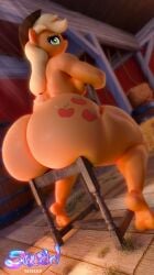 3d applejack_(mlp) ass_bigger_than_head bubble_butt butt_crack chair completely_nude feet friendship_is_magic hat long_hair my_little_pony sitting snuddy tagme
