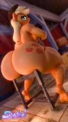 3d applejack_(mlp) ass ass_bigger_than_head breasts bubble_butt butt_crack chair completely_nude feet friendship_is_magic hat long_hair my_little_pony sitting snuddy tagme