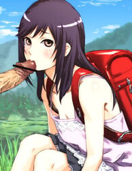 1boy 1girls backpack blush brown_eyes brown_hair censor_bar censored echonao199x fellatio female first_porn_of_franchise ichijou_hotaru looking_at_viewer non_non_biyori oral penis randoseru solo_focus