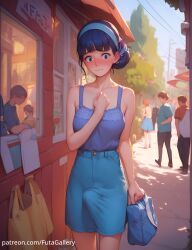 1futa ahe_gao ai_generated big_breasts black_hair blue_eyes blush bulge clothing dickgirl erection erection_under_clothes futa_only futagallery futanari hi_res jewelry long_hair original outdoors outside penis public public_nudity solo solo_futa young