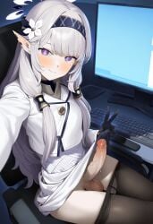 ai_generated beauty_mark black_pantyhose blue_archive erection futanari grey_hair hair_ornament hair_tubes hairband himari_(blue_archive) office pantyhose_pull peace_sign pointy_ears precum reaching_towards_viewer selfie sitting_on_chair skinny skirt_lift small_breasts smile veiny_penis white_dress white_flower white_jacket