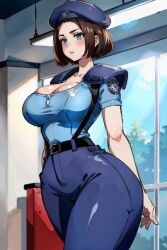 1girls ai_generated belt beret big_ass big_breasts blue_eyes blue_shirt blush brown_hair capcom cleavage cleavage_overflow concerned female female_only huge_breasts indoors inside jill_valentine nervous pants patch resident_evil resident_evil_remake shirt short_hair short_sleeves shoulder_pads solo solo_female stable_diffusion standing suspenders tampopo thick_thighs tucked_shirt uniform wide_hips