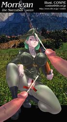 bat_print boots breasts capcom clitoris clothing cosine cum darkstalkers detailed_pussy green_hair gun hat medium_breasts military_uniform morrigan_aensland necktie pantyhose penis pussy pussy_juice red_eyes rifle spread_pussy succubus tape thighs torn_pantyhose uncensored weapon