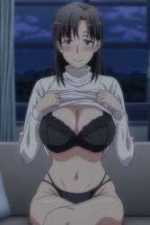 ai_generated black_bra black_hair black_panties bra breasts grey_eyes hiratsuka_shizuka huge_breasts large_breasts long_hair my_teen_romantic_comedy_snafu navel panties shirt_lift stomach tagme