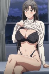 ai_generated black_bra black_hair black_panties bra breasts grey_eyes hiratsuka_shizuka huge_breasts large_breasts long_hair my_teen_romantic_comedy_snafu navel panties shirt_lift stomach tagme