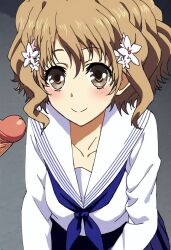 1boy 1girls 2024 ai_generated blush blushing brown_eyes brown_hair civitai digital_media female flower_in_hair hair_accessory hair_ornament hanasaku_iroha hetero light_brown_hair male male_out_of_frame matsumae_ohana on_knees penis school_uniform schoolgirl serafuku short_hair skirt smile smiling solo_focus tagme theblueiris uncensored white_clothing white_skin