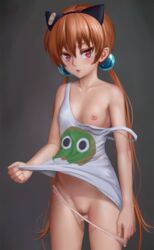 1girls aki99 alisa_southerncross animal_ears bandage blush breasts cat_ears censored female female_only hair_ornament highres innie_pussy keroro_gunsou long_hair nipples orange_hair panties panty_pull pussy red_eyes solo strap_slip tank_top tied_hair twintails underwear