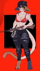 2024 beanie black_background black_fur black_jeans bra breasts brown_eyes brown_fur cleavage epic_games feline female female_only fortnite furry gun hook jeans meow_skulls_(fortnite) red_background red_bra rifle terrmite thighs weapon white_fur