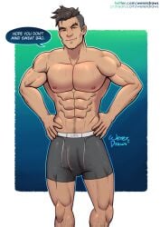 1boy abs black_hair bulge cocky craig_cahn dialogue dream_daddy:_a_dad_dating_simulator eyebrow_slits hands_on_hip looking_at_viewer male male_only muscular muscular_arms muscular_chest muscular_thighs nipples pecs penis penis_outline smirk smirking_at_viewer smooth_skin solo solo_male standing sweat talking_to_viewer text topless treasure_trail undercut underwear underwear_only wererdraws