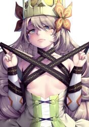 1girls areola_slip blonde_hair breasts butterfly_hair_ornament celine_(fire_emblem) covered_nipples crown female female female_only fire_emblem fire_emblem_engage hair_ornament harihisa long_hair looking_at_viewer nintendo simple_background small_breasts solo strap_pull underboob upper_body very_long_hair