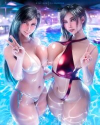 2girls 3d ada_wong ada_wong_(adriana) asian ass big_ass big_breasts bikini breast_squish breasts breasts_pressed_together capcom child_bearing_hips crossover female female_only final_fantasy final_fantasy_vii final_fantasy_vii_remake hand_on_waist in_pool long_hair looking_at_viewer makeup mikadawn nail_polish peace_sign pool_party poolside resident_evil resident_evil_4 resident_evil_4_remake short_hair slim square_enix stomach tagme thick_thighs tifa_lockhart tummy water wet wet_body wet_skin wide_hips