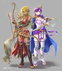 2girls absurdres alternate_costume blonde_hair blue_cape bow_(weapon) breasts cape cleavage covered_nipples dark-skinned_female dark_skin female female_only fire_emblem fire_emblem:_the_binding_blade highres holding holding_sword holding_weapon igrene_(fire_emblem) igrene_(sworn_protector)_(fire_emblem) jewelry juno_(fire_emblem) juno_(nimble_grace)_(fire_emblem) knee_pads large_breasts mole mole_under_eye multiple_girls nintendo purple_hair simple_background smile sword tassel thighhighs tsukimura_(d24f4z8j3t) weapon