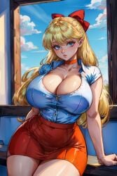 1girls ai_generated alternate_breast_size bangs big_breasts bishoujo_senshi_sailor_moon blonde_hair blue_eyes bow breasts button_down_shirt choker cleavage cleavage_cutout collared_shirt female female_only hairbow huge_breasts indoors inside large_breasts leaning long_hair parted_lips pencil_skirt sailor_venus shirt sitting solo solo_female stable_diffusion tampopo thick_thighs white_shirt wide_hips