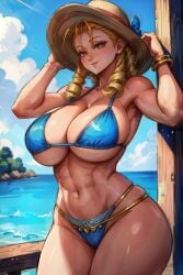 1girls abs adjusting_hat ai_generated antenna_hair antennae arms_up bikini blonde_hair braid cleavage female female_only forelocks hat karin_kanzuki long_hair looking_at_viewer midriff navel orange_eyes outdoors outside ringlets sideboob solo solo_female stable_diffusion standing street_fighter street_fighter_alpha street_fighter_alpha_3 street_fighter_v sun_hat sunhat tampopo toned toned_female underboob undressed yellow_eyes