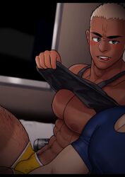 10s 2017 2boys bara blonde_hair blush_lines boxers bulge dark_skin faceless_male hairy_legs kensuke_(yhs8) light_skin male male_only muscular nipples original smug_face tagme tank_top tank_top_lift tanline